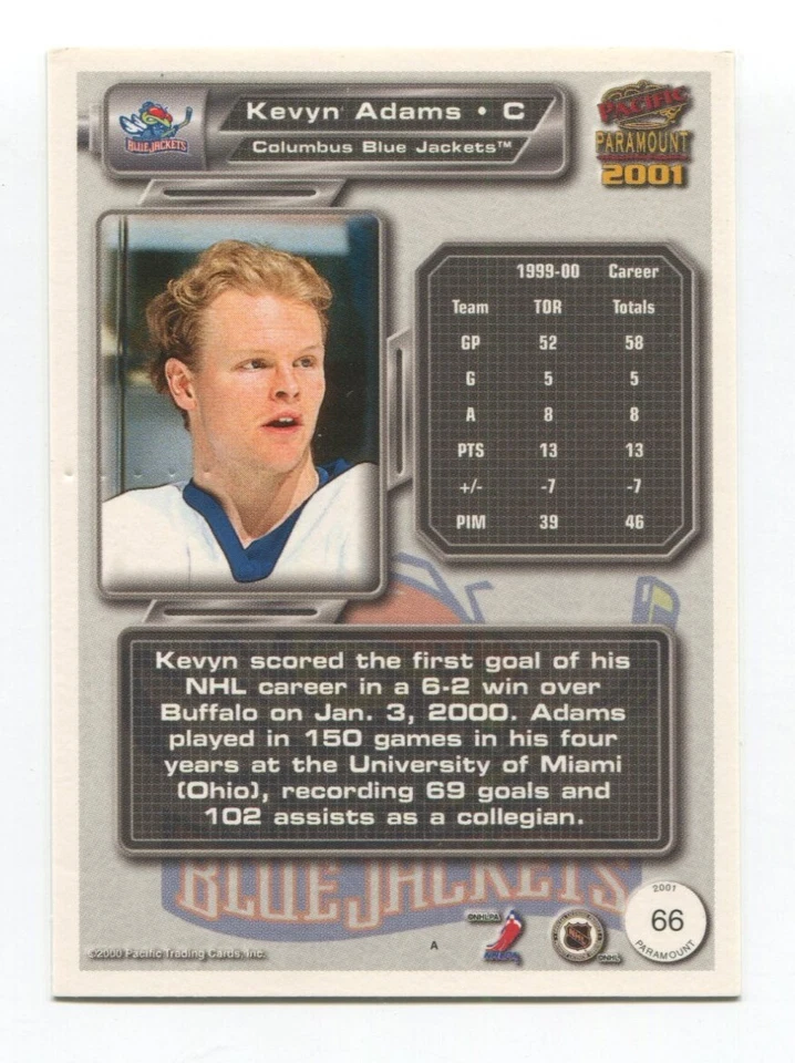 2000 Pacific Trading Kevyn Adams Signed Card Hockey NHL Autograph AUTO #66 - Image 2 of 2