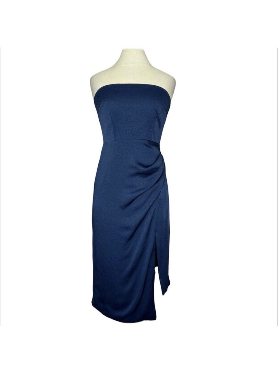 Size 4 Cushnie Women's Navy Blue Ruched Side Strapless Slip Dress New