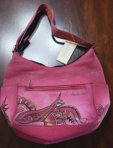 Anuschka Hand Painted Leather Royal Pink Paisley Shoulder Bag Tote Purse NWT