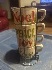 Pier 1 Imports 4  Cup  Christmas Mugs Noel Peace Joy Love Stacking Mugs And Rack