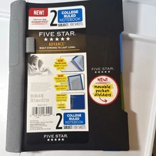 Mead Five Star Black 2 Subject College Ruled Notebook/ 2-Movable Pockets 100 Pgs