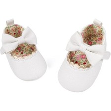 New Meckior Newborn Baby Girls 0-3 Mos White Faux Leather Bow Soft Shoes w Flaw