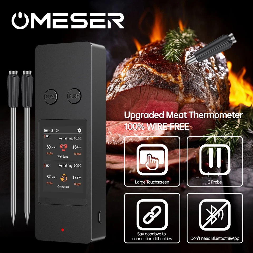 OMESER Touchscreen Kabellos Dual Sonden Grillthermometer Fleischthermometer DHL