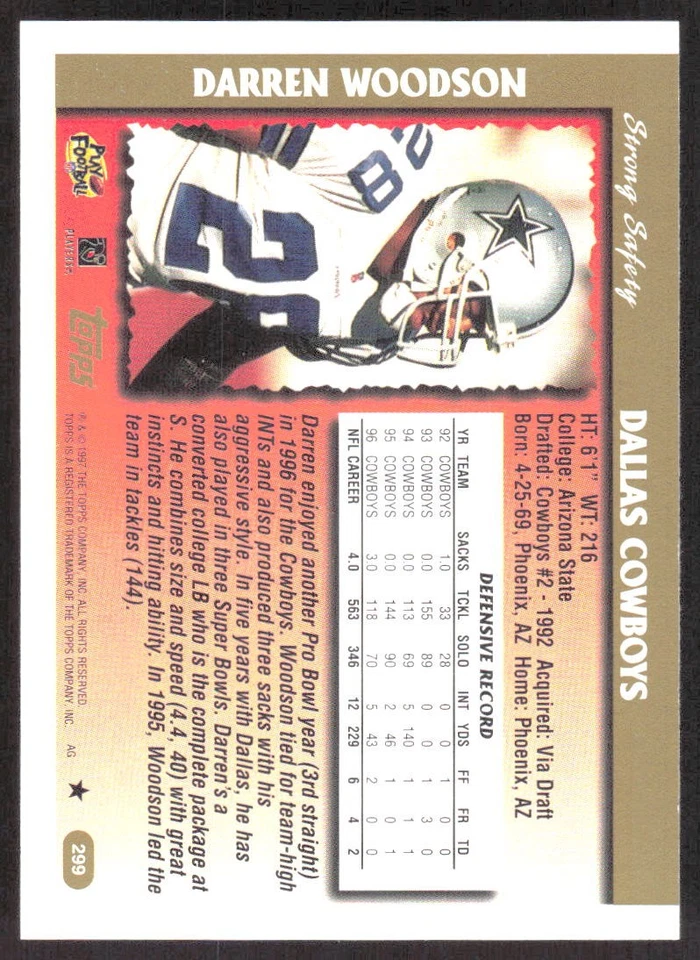 Darren Woodson 1997 Topps #299 Dallas Cowboys - Image 2 of 2