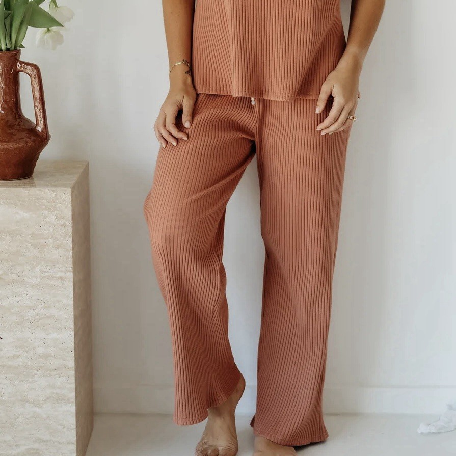 Feather Fig Juni Pants Womens M Ribbed Knit Weighted Stretch Beaded Boho Lounge