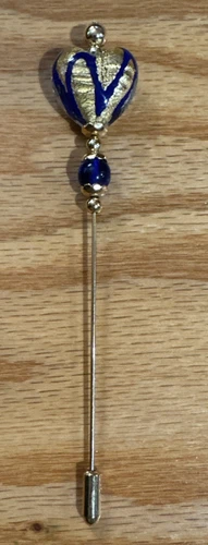 Vintage Blue Gold Glass Hear Ornate Stick Hat Pin Art Deco Jewelry Valentines Da