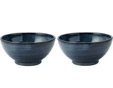 2-Piece Japanese Ramen Bowl Set 40oz Navy Ceramic Donburi Made in Japan