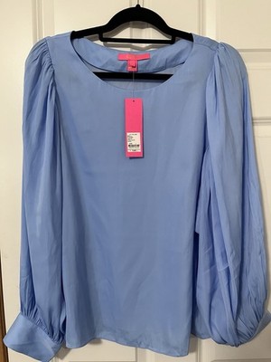 Lilly Pulitzer Maisel Top Blue Solid Scoop Neck Puff Long Sleeve Blouse, L
