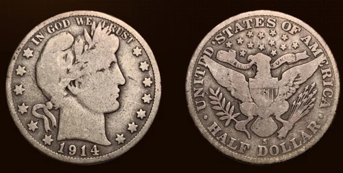 1914-S U.S. 90% Silver Barber Half Dollar - Very Good Joseph J Haney Collection