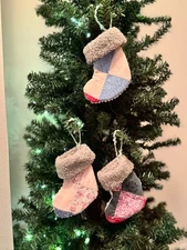 Handmade Mini Stocking Vintage Quilt Ornaments Multi Color  pink Set 3