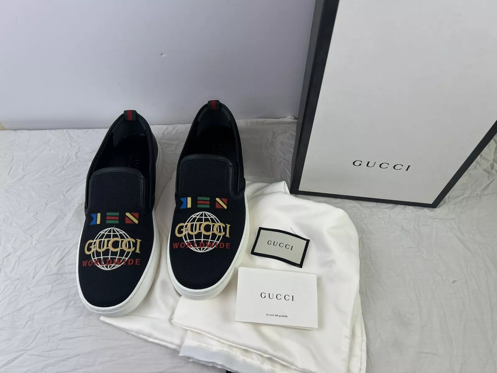 BASKETS À ENFILER AUTHENTIQUES GUCCI DUBLIN WORLDWIDE TOILE NOIRE CUIR US 8
