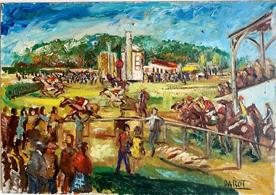 Ancien Tableau HST Chevaux Course de Saut d'Obstacle - Signé Gérard Darot - Photo 1/4