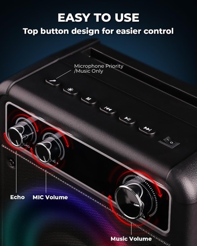 Karaoke Machine, Portable Bluetooth Karaoke Speaker with 2 Wireless Microphones - Picture 6 of 9