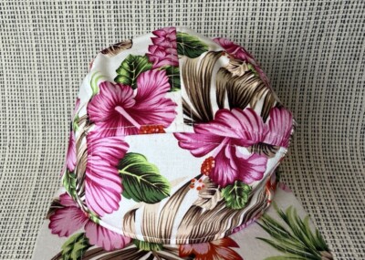 BK Unisex OS White Pink Tropical Print 5 Panel Hat Adjustable Faux Leather Strap