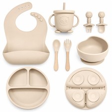 8 PCS Beige Silicone Baby Feeding Utensils Set Suction Plate Bowl Bib Cup