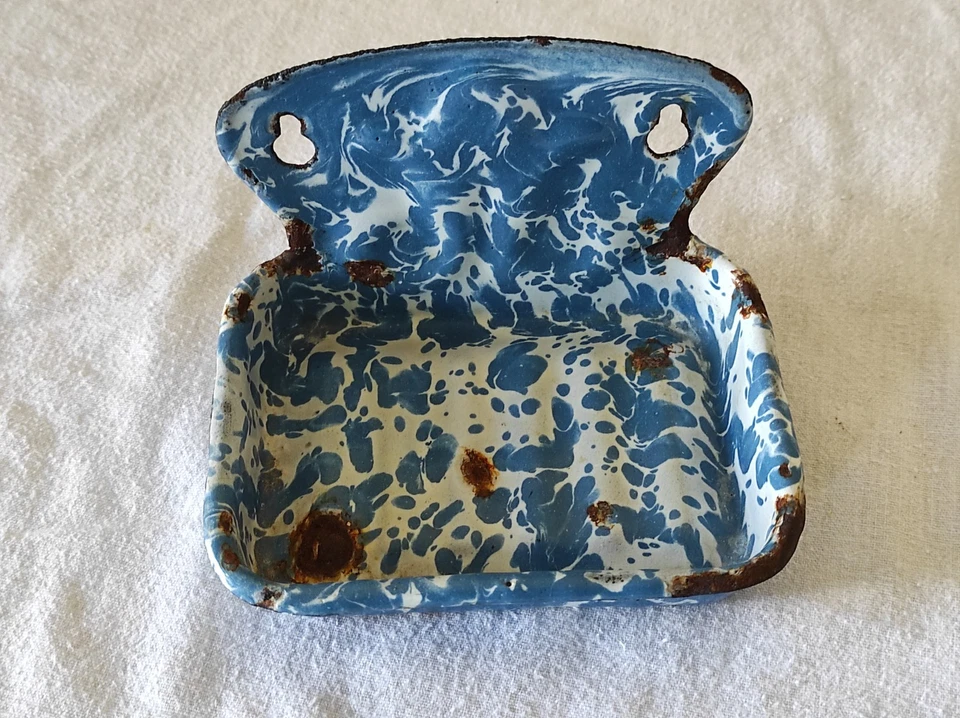 Accessoire Salle de bain Ancien Porte Savon en tôle émaillée bleu 11,5 x 8,5cm - Photo 2/4