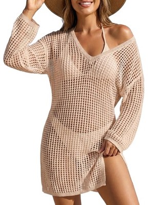 Ladies Crochet Swimsuit Cover Up Bikini Cover Ups Side Split Sexy Loose Fit B...