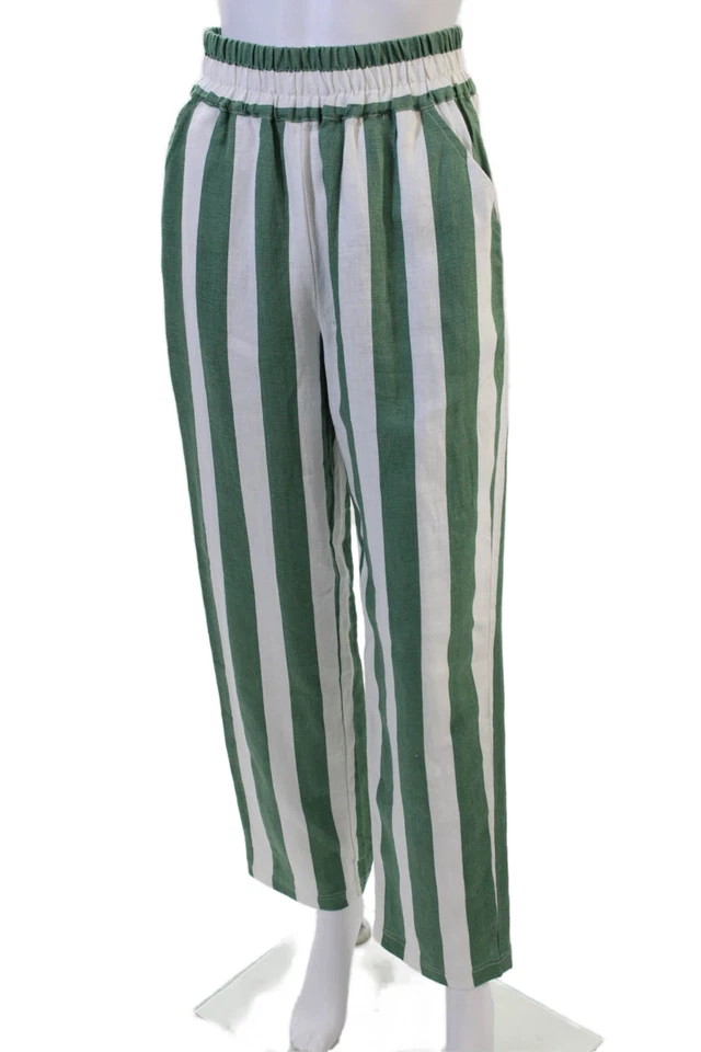 Electric & Rose Women Cropped Striped Linen Pants Green Size S - Image 2 of 4