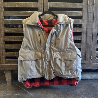 Forest Trail Mens Puffer Vest Size Large Tan Reverses Red & Black Buffalo Plaid