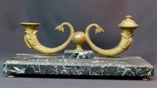 AA 1870 grand encrier marbre vert décor dauphins bronze 37cm6.5kg double godets
