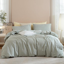 Classic Gingham Queen Duvet Cover Set - 100 Washed Cotton, Sage Green