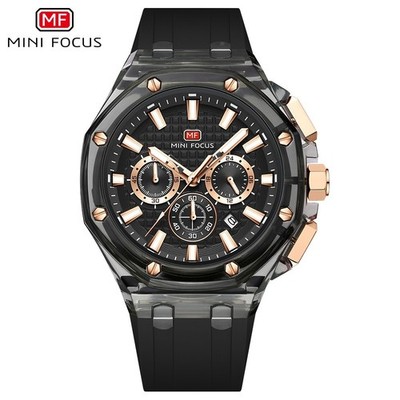 MINI FOCUS Men's Silicone Multifunction Chronograph Calendar Quartz Wristwatch