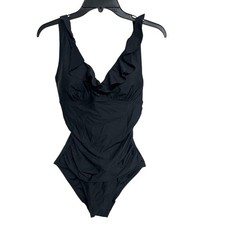 New DKNY Ruffled Plunge V-neck Black One Piece Swimsuit Bathing Suit