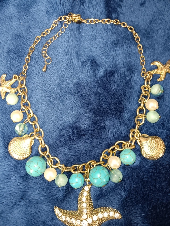 Nautical Starfish Seashell Statement Necklace Gold Tone Turquoise Bead Beach - Image 3 of 4