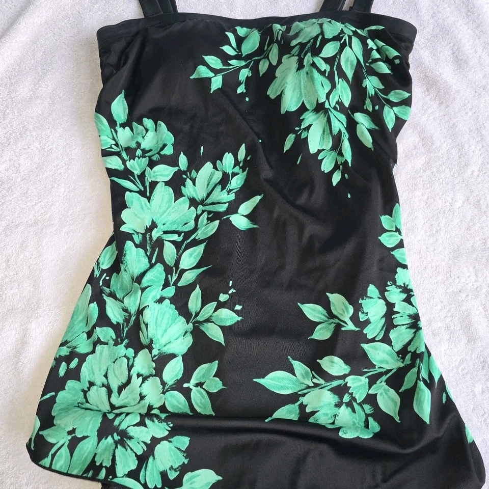 Traje de baño Maxine of Hollywood de una pieza con falda talla 10 tropical floral azul verde Foto 4 de 4