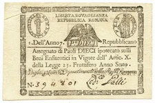 10 PAOLI ASSEGNATO REPUBBLICA ROMANA TIMBRO QUADRATO DAL 09/09/1798 SPL