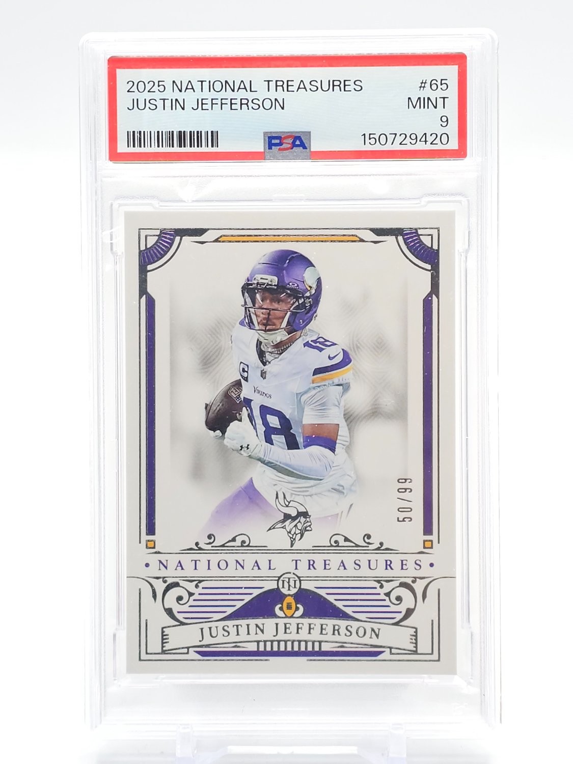 JUSTIN JEFFERSON 2025 NATIONAL TREASURES FOOTBALL /99 #65 VIKINGS PSA 9 Q7278