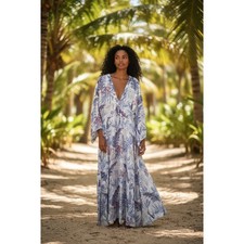 Floral Maxi Dress V Neck Button Front Kimono Sleeve Resort Vacation S