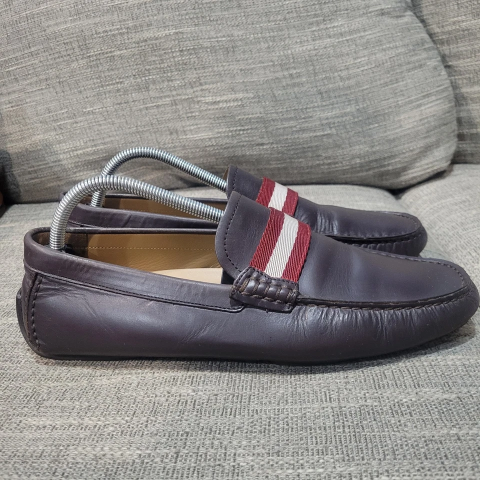 Bally Pearce Mocasines Zapatos Hombres 9 Sin Cordones Sin usar, Puntera Conducir Italia Marrón Rojo Rayas Foto 3 de 4