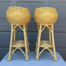 Vintage All Weather Plant Stand with Shelf 2 tier wicker weave