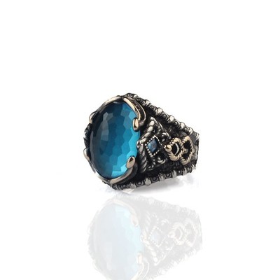 BayVog 925 Sterling Silver Men's Ring, Blue Topaz Gemstone Men Silver Ring,