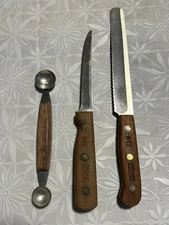 Vintage Chicago Cutlery 3 Pc Knife Set Wood Handles Bread Utility & Melon Baller