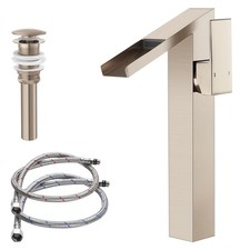 Brushed Nickel Bathroom Vessel Sink Faucet, Waterfall, Single Handle, Pop-up ...