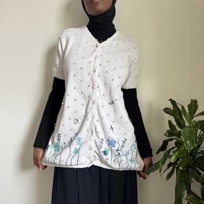 Vintage Motherhood Cottagecore Short Sleeve floral embroidery Cardigan size M