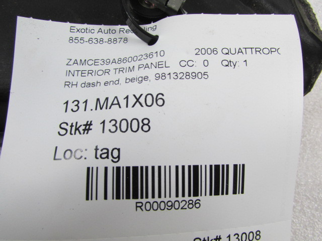 Maserati Quattroporte, RH Dash End Trim Panel, Used, P/N 981328905