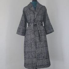Lilly's Kloset Black White Plaid Long Wrap Coat Jacket Lined Belt Size Small