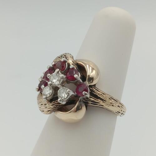Designer HL Mfg 14K Yellow Gold Round Diamond & Ruby Knot Cocktail Ring Size 4.5 - Picture 3 of 12