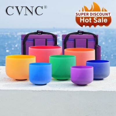 CVNC 6"-12" 7 Pcs Colored Chakra Frosted Crystal Singing Bowl Set Sound ...