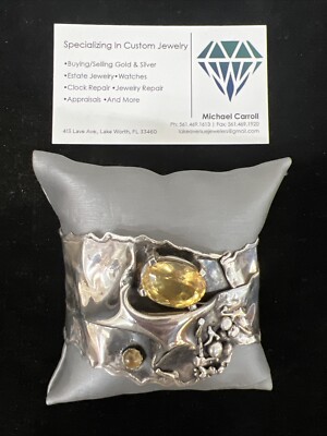 Custom Handmade Sterling Silver Cuff Bracelet With A 12 Ct Yellow Topaz jewelry 