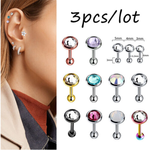 3Pcs/Lot Crystal Cartilage Barbell Earrings Women Ear Stud Body Piercing Jewelry - Picture 1 of 22