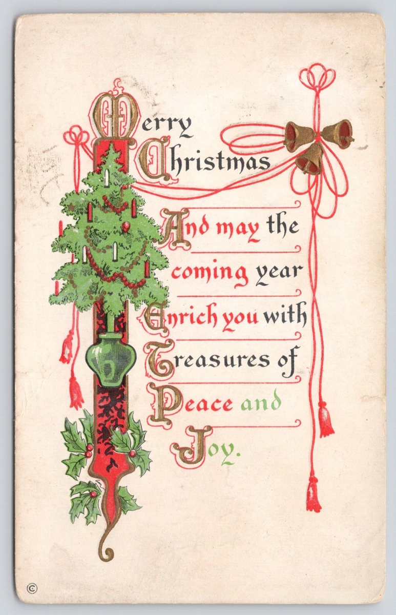 Postcard Merry Christmas Wishes Holly Berries and Red Ribbon