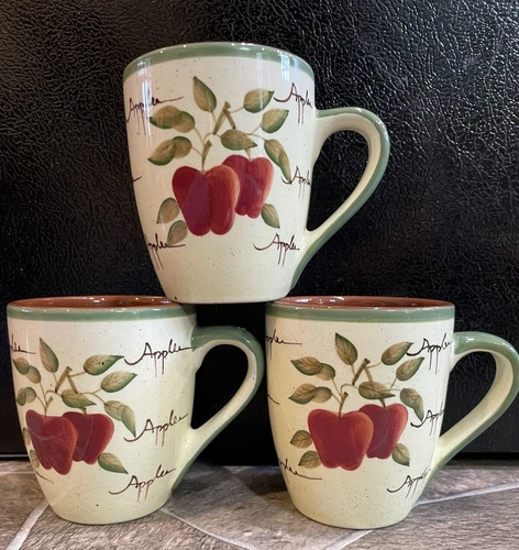 3 Coffee CUPS MUGS Home Interiors APPLE ORCHARD COLLECTION Stoneware Ceramic