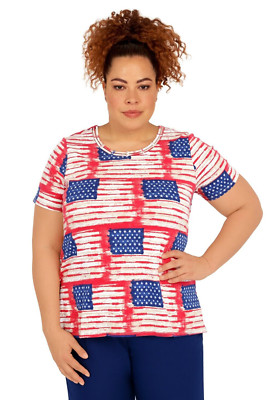 Alfred Dunner 2X Plus ''Land of the Free'' Red White & Blue Flags Knit Top NWT