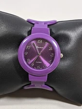 Geneva Platinum Purple Dial Round Case 35 mm Cut Open Open Cuff Hinge Band Watch