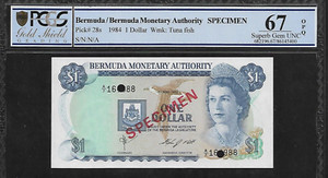 Bermuda Specimen 1 Dollar 1984 PCGS 67 OPQ UNC P#28s Queen Elizabeth II