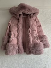 Baby Pink Jacket M Or 14 Quilted Hood Faux Fur New Winter Smart Boho Glam Xmas